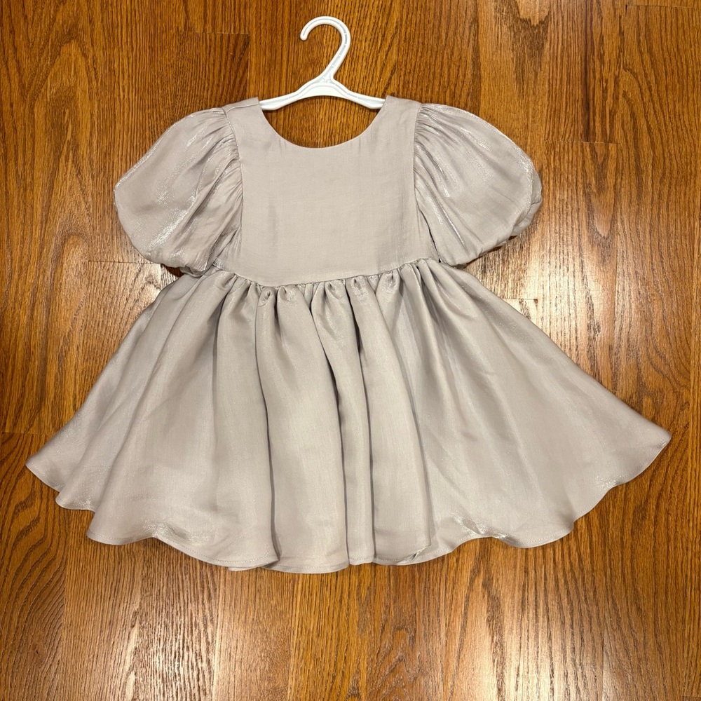 noralee holiday dress silver shimmer puff sleeves